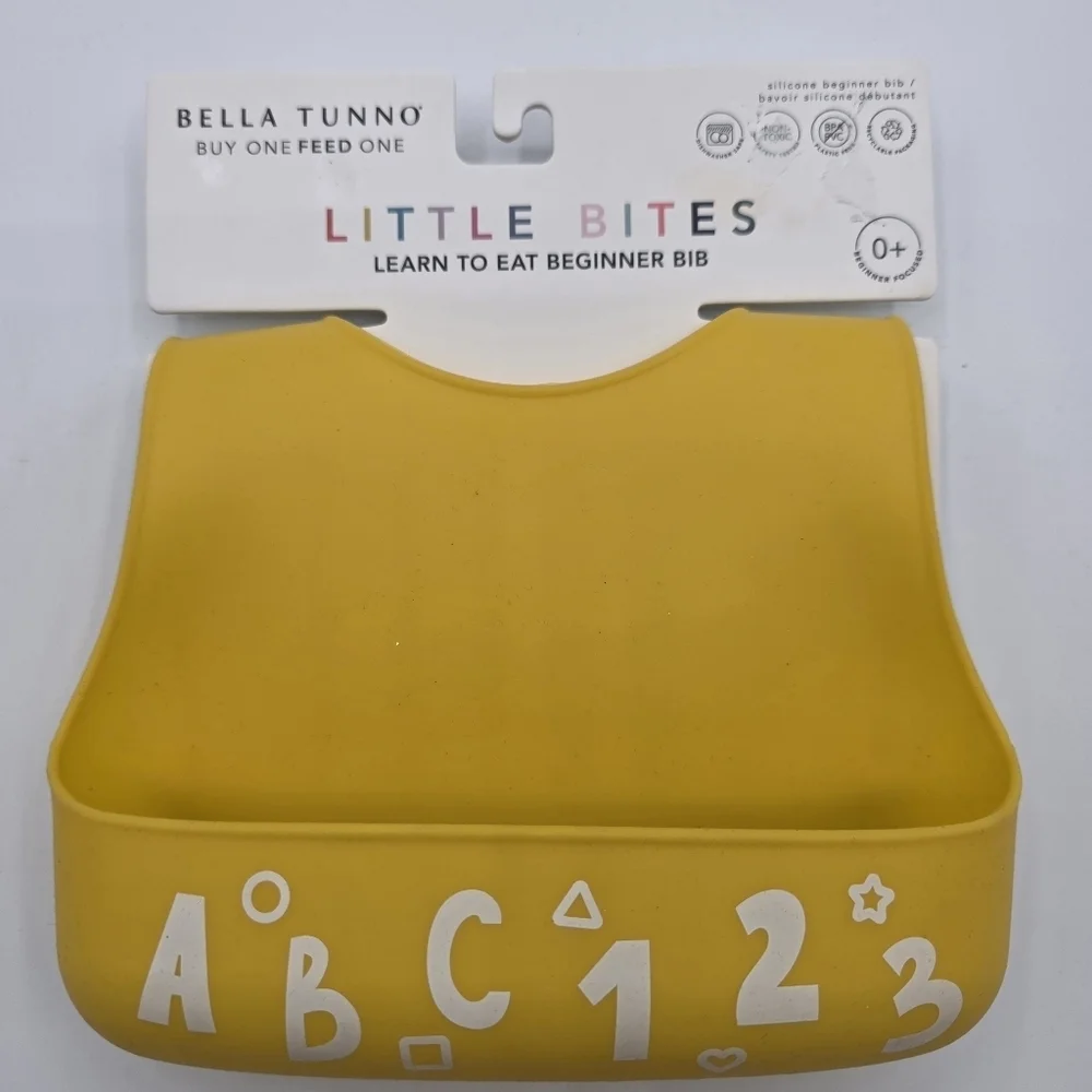 Bella Tunno Little Bites Silicone Bib NWT Learn to Eat Beginner 0+ ABCs Yellow